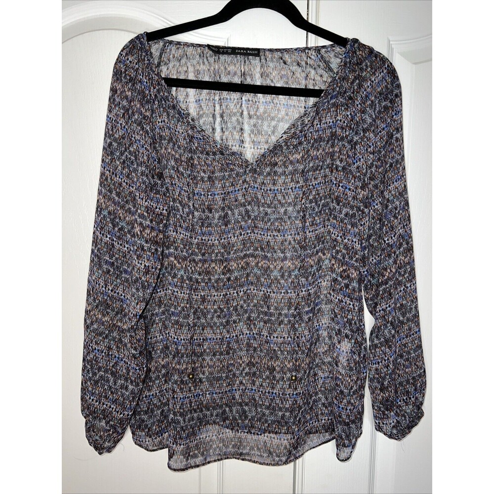 Zara Sheer Multicolor Tie Top Blouse Small Blue Peasant Boho Long Sleeve Sheer
